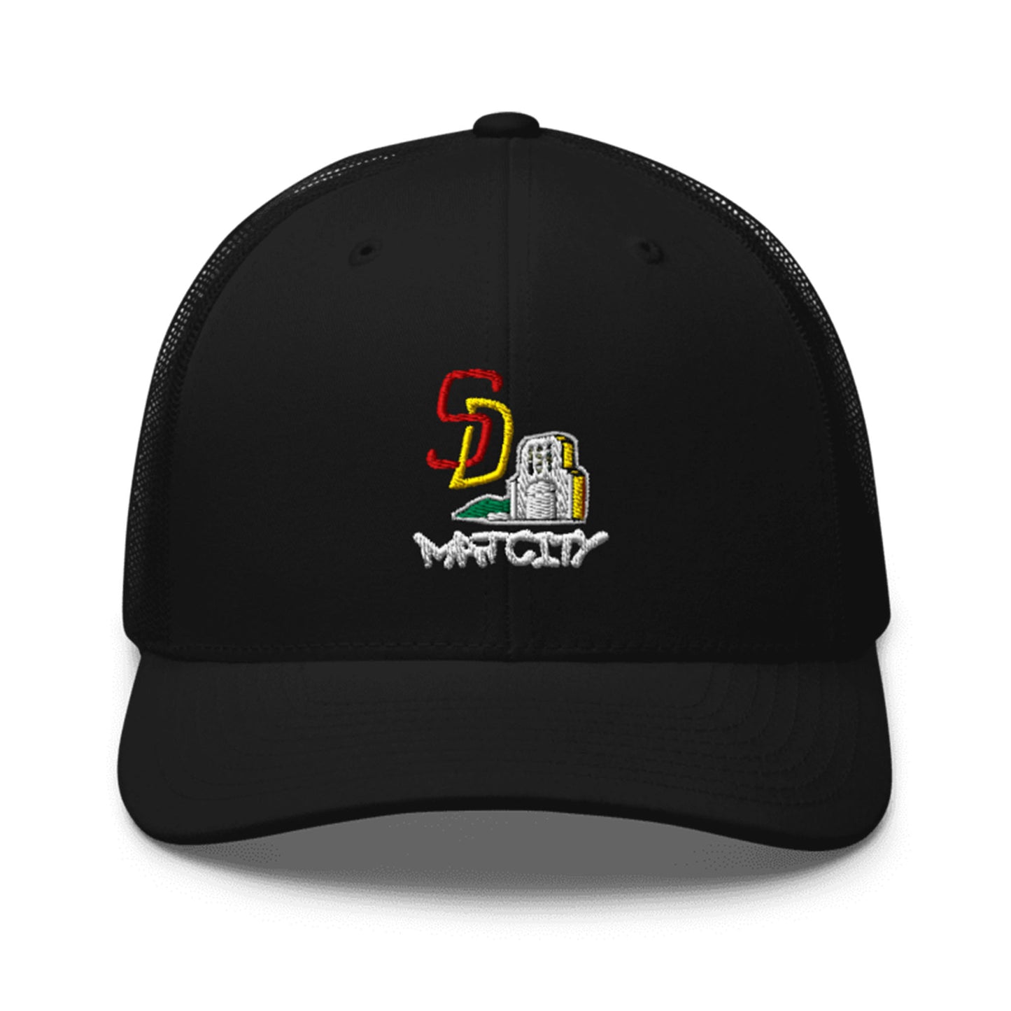 A black trucker cap with an embroidered "SD" in red and yellow, a San Diego skyline below, and the Matcity logo in white stitching.