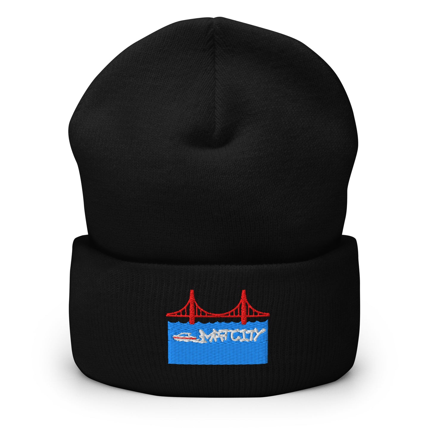 A black beanie with an embroidered design of the Golden Gate Bridge, a blue ocean, and the Matcity logo in white.