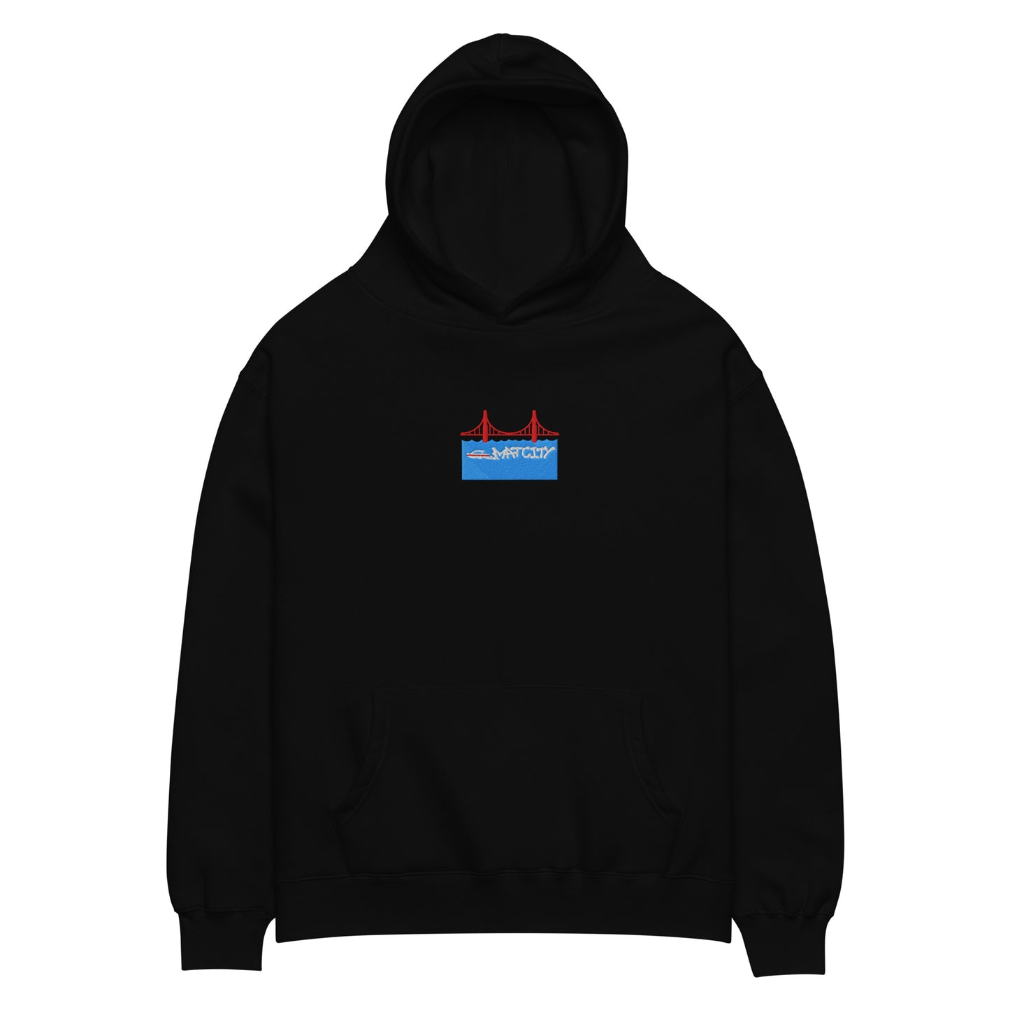 A black hoodie with a vibrant embroidered design of the Golden Gate Bridge, a blue ocean, and the Matcity logo in white.