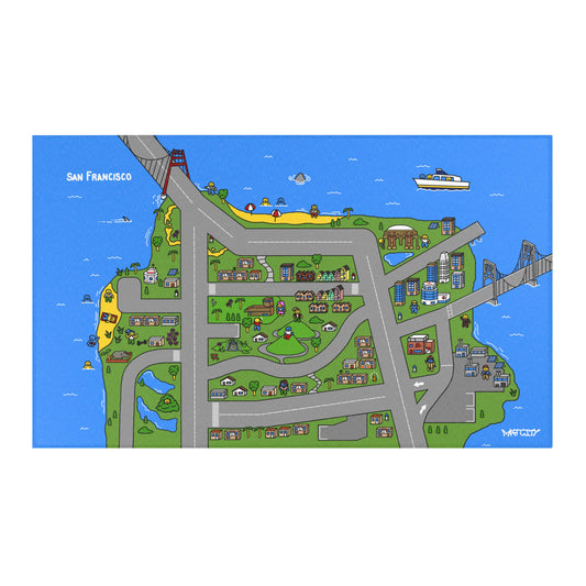 A flat view of the Matcity San Francisco Mat, showcasing detailed illustrations of the Golden Gate Bridge, buildings, and lush landscapes along the coastline.