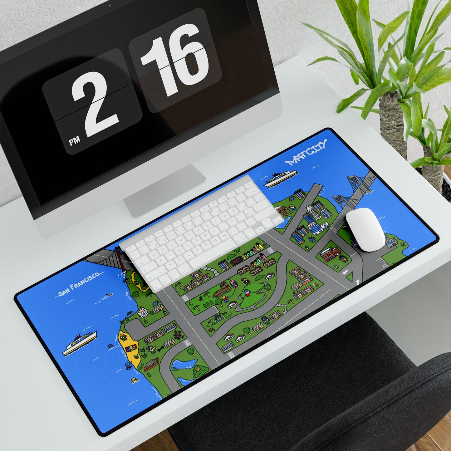 A large Matcity San Francisco Mouse Pad displayed on a desk setup with a keyboard and mouse, showcasing its functional and decorative use.