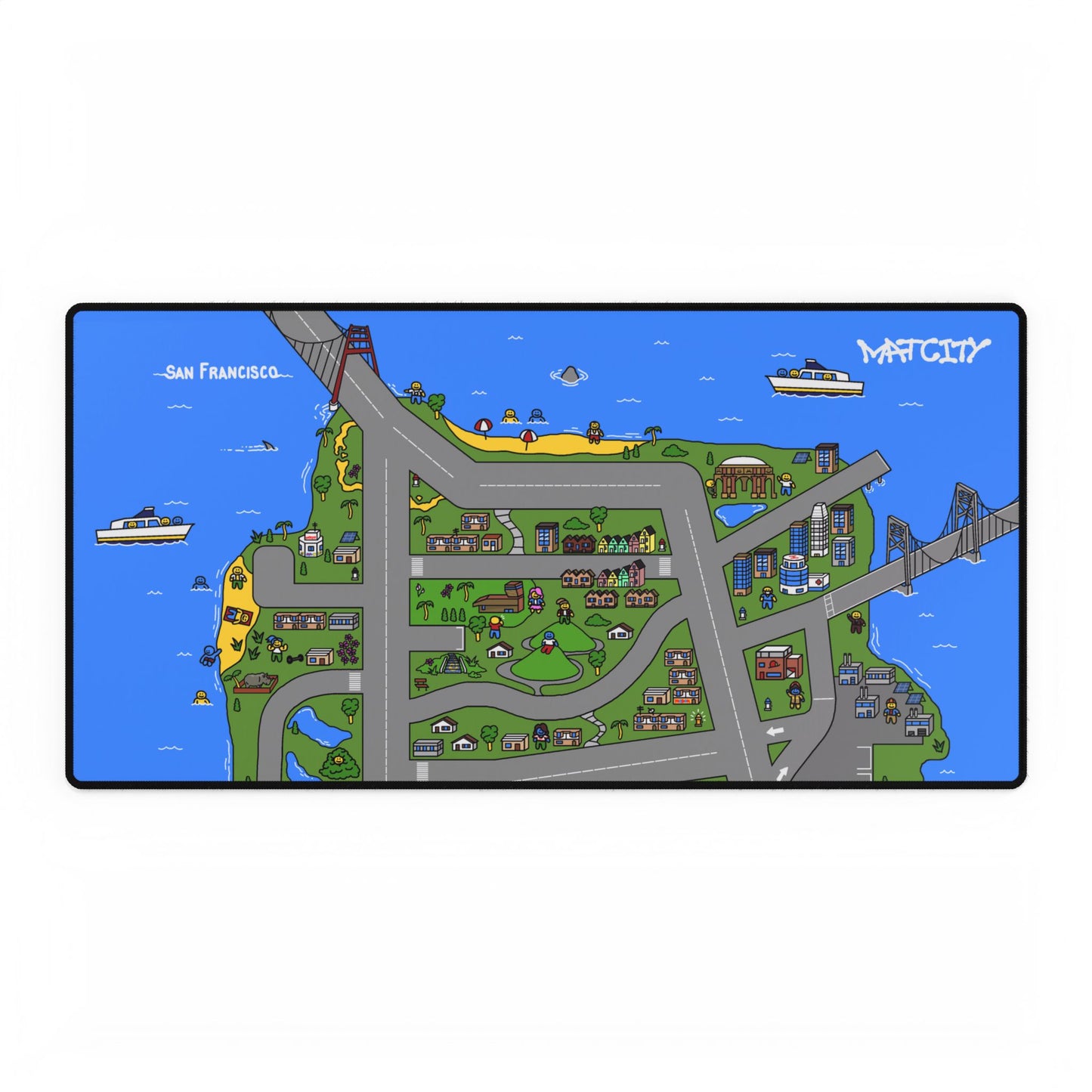 A close-up view of the large Matcity San Francisco Mouse Pad, highlighting vibrant details like the Golden Gate Bridge and cityscape.