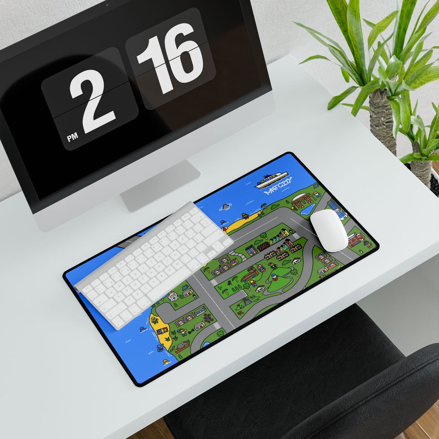 A medium Matcity San Francisco Mouse Pad on a desk setup with a keyboard and mouse, demonstrating its usability and size.