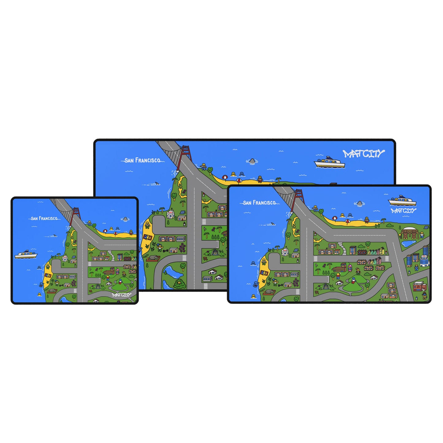 Three Matcity San Francisco Mouse Pads in small, medium, and large sizes, displayed side by side with their colorful city map designs showcasing San Francisco’s landmarks.