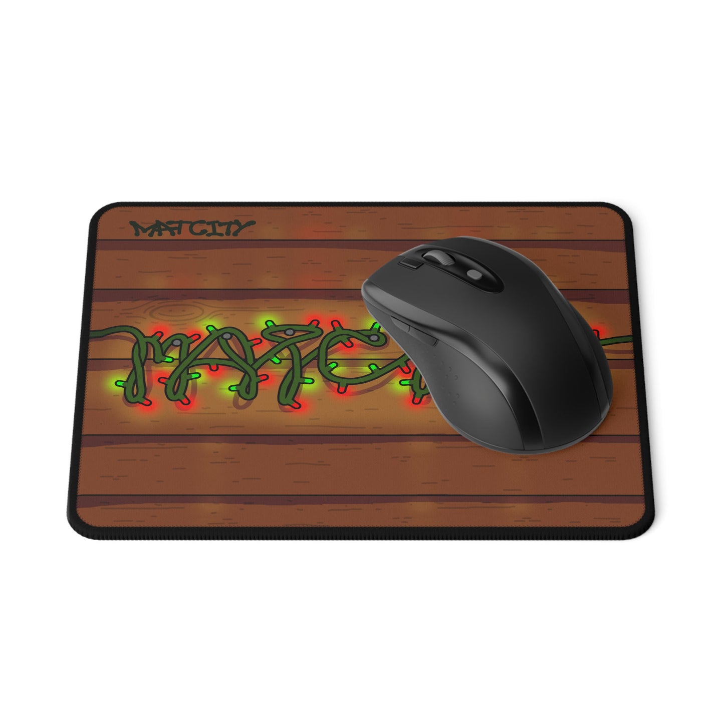 A close-up view of the mouse pad with a black wireless mouse on it, showcasing the bright fairy light details on the wood pattern.