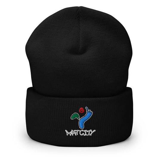 A black beanie with an embroidered Matcity Seoul logo featuring a blue hand, a red rose, and green leaves, with "MATCITY" stitched below.
