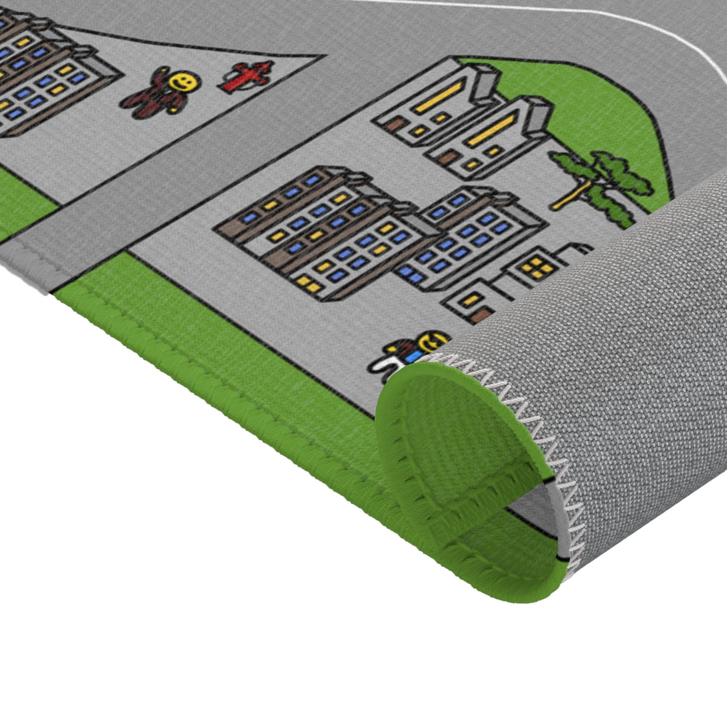 A detailed view of the Matcity Seoul mat’s rolled edge, highlighting its smooth green border, thick material, and tightly stitched trim.