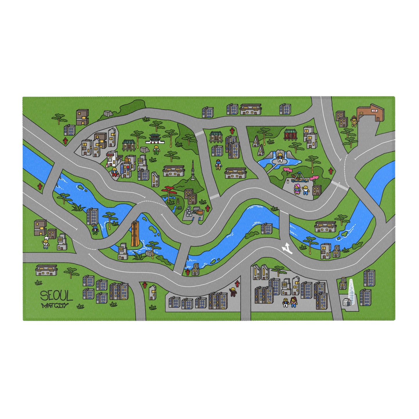 A full view of the Matcity Seoul play mat, showcasing a colorful cityscape with winding roads, rivers, and detailed buildings. The bottom left corner features the "Seoul Matcity" logo.