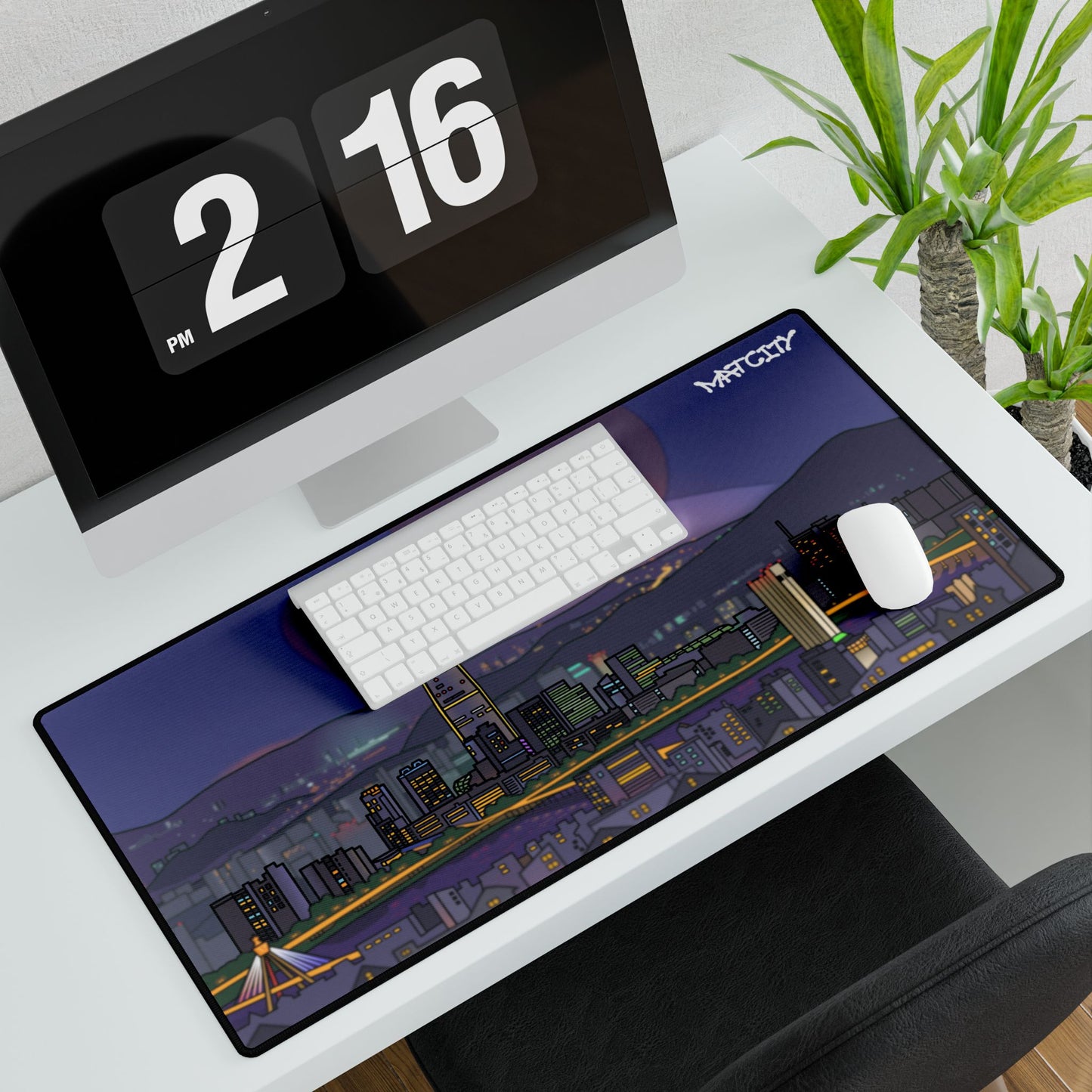 The Matcity Seoul Large Desk Mouse Pad placed on a white desk with a keyboard and mouse, highlighting its expansive surface and vivid cityscape.