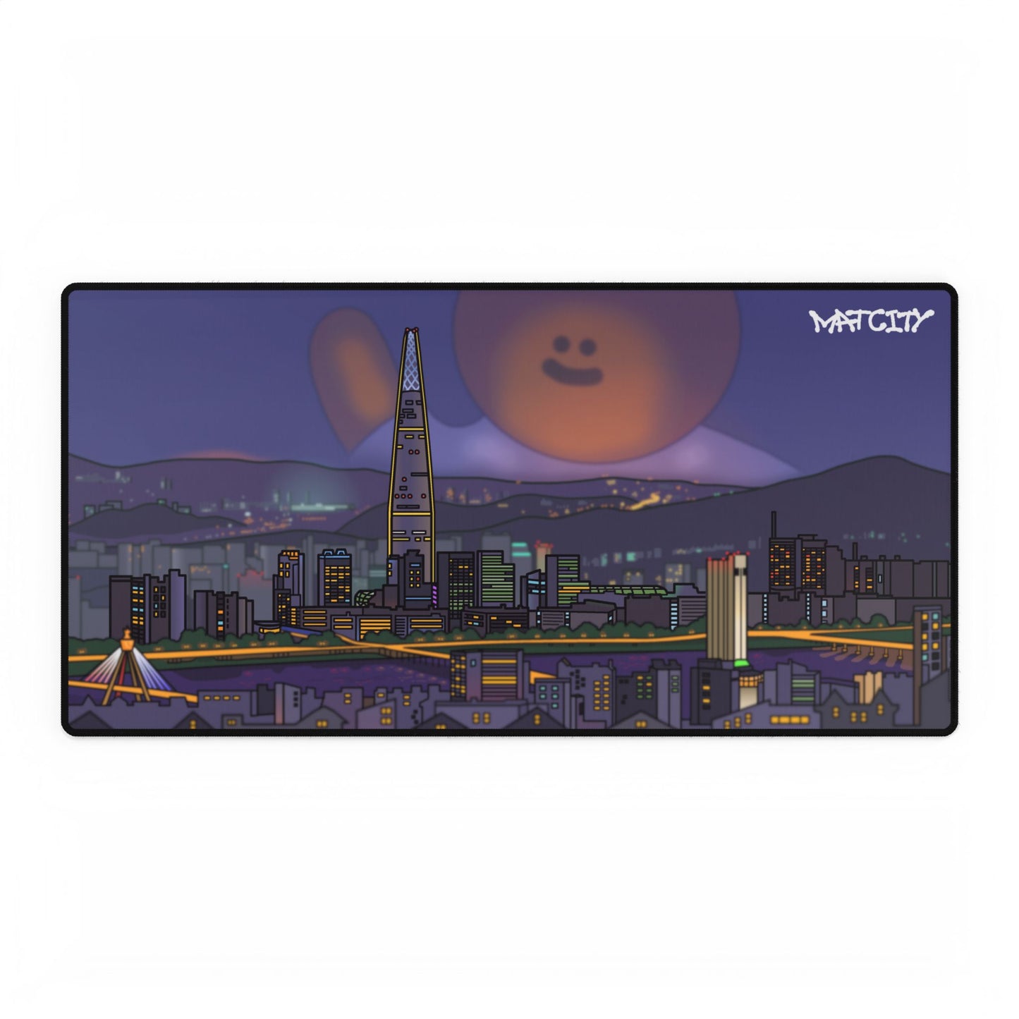 A close-up of the Matcity Seoul Large Mouse Pad, showcasing the detailed cityscape, warm lighting, and the whimsical guy in the background.