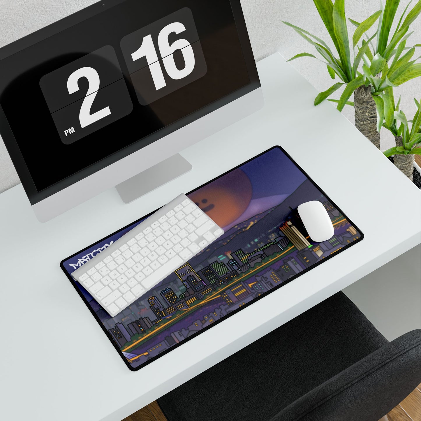A sleek desk setup featuring the Matcity Seoul Medium Desk Mouse Pad with a bright, colorful Seoul skyline.
