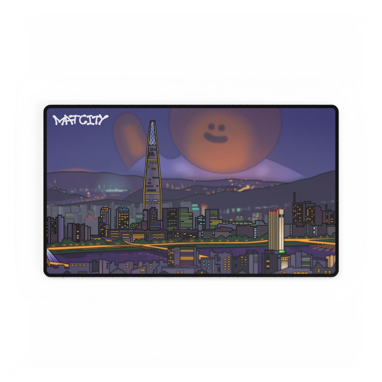 The Matcity Seoul Medium Mouse Pad, displaying the city skyline at night with Lotte Tower and a smiling guy rising behind it.