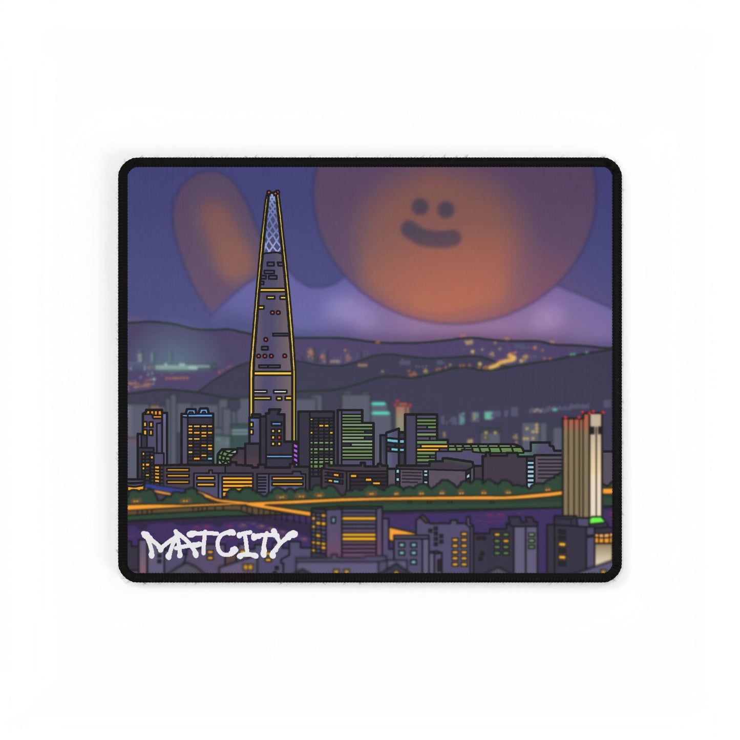 The Matcity Seoul Small Mouse Pad, featuring a compact version of the city’s skyline with Lotte Tower and a playful guy in the background.