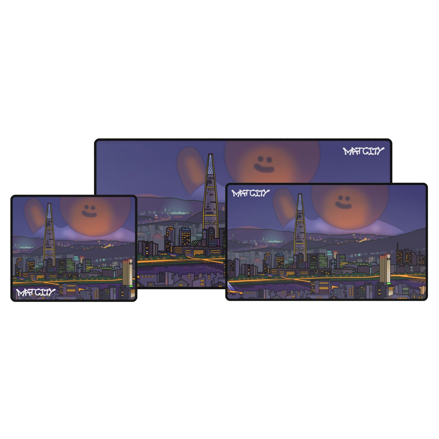 A set of three Matcity Seoul Mouse Pads in different sizes, featuring a vibrant night skyline with Lotte Tower and a glowing guy in the background.