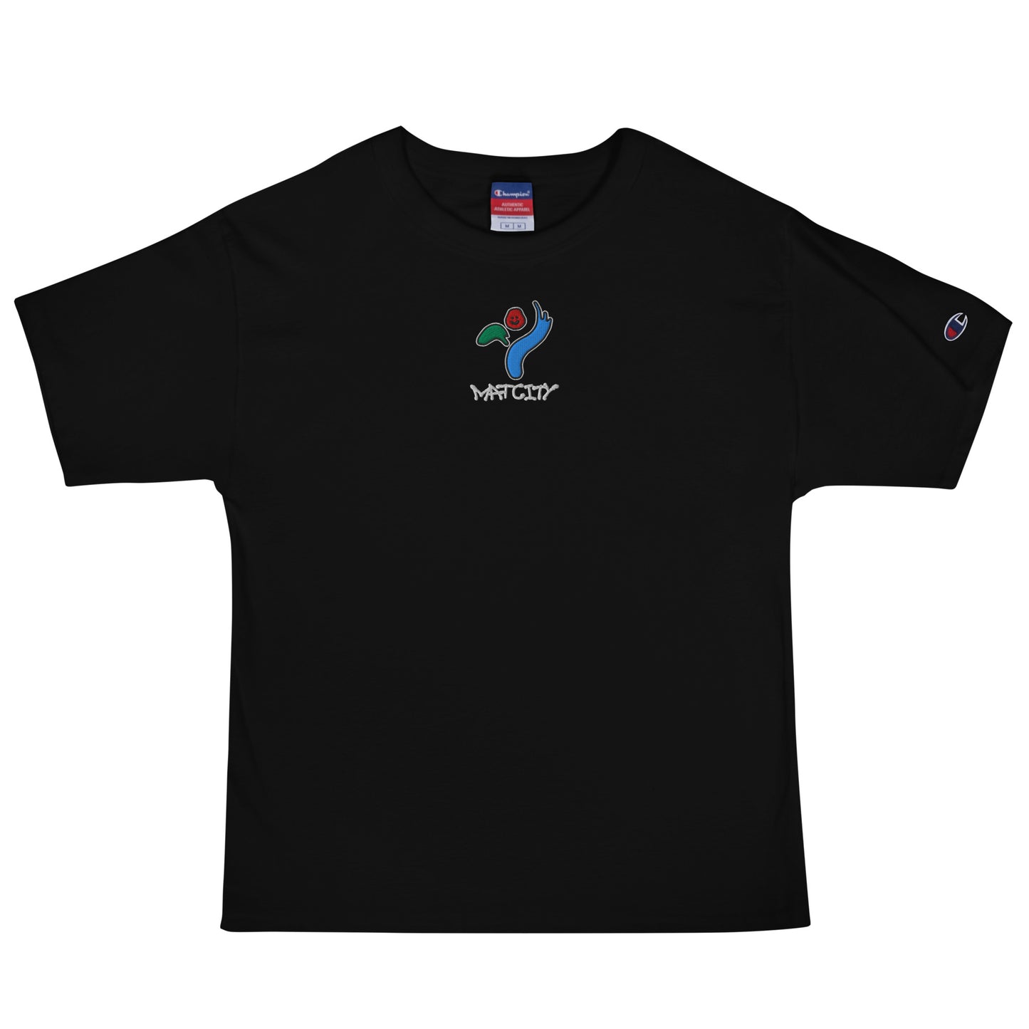 A black Champion-branded t-shirt with an embroidered Matcity Seoul logo in the center, featuring a blue hand, red rose, and green leaves.