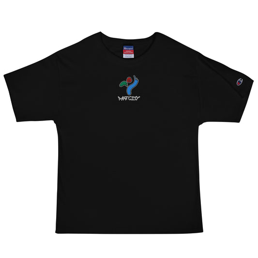 A black Champion-branded t-shirt with an embroidered Matcity Seoul logo in the center, featuring a blue hand, red rose, and green leaves.