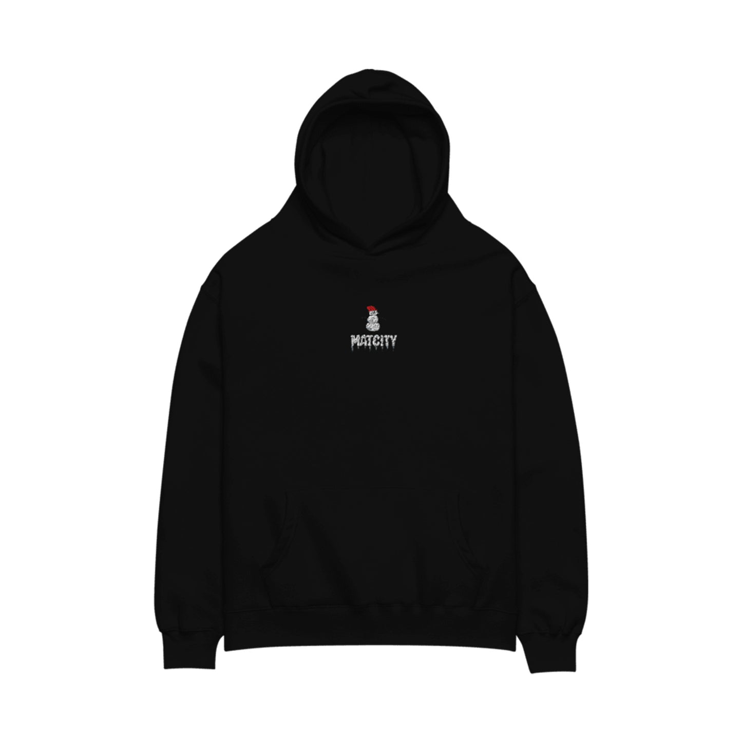 A black hoodie showcasing the Matcity Snow Rally embroidered snowman logo with icicles and a red hat, centered on the front. The design combines winter vibes with a cozy fit.