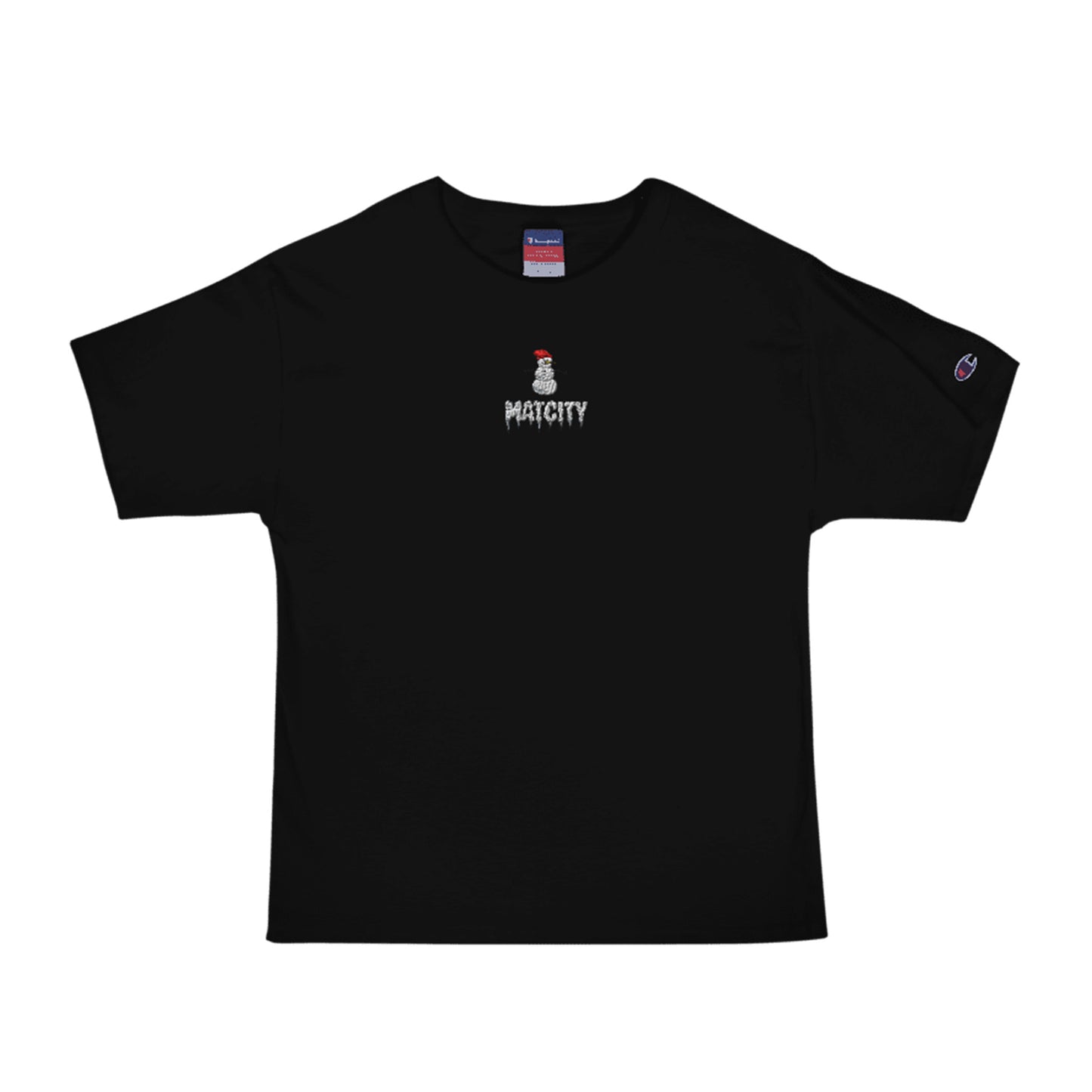 A black T-shirt featuring the Matcity Snow Rally embroidered snowman logo with icicles and a red hat, centered on the chest. The Champion logo is embroidered on the left sleeve.
