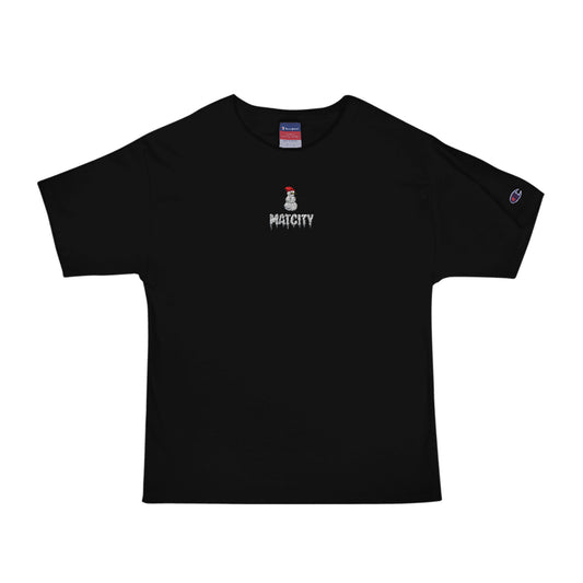 A black T-shirt featuring the Matcity Snow Rally embroidered snowman logo with icicles and a red hat, centered on the chest. The Champion logo is embroidered on the left sleeve.