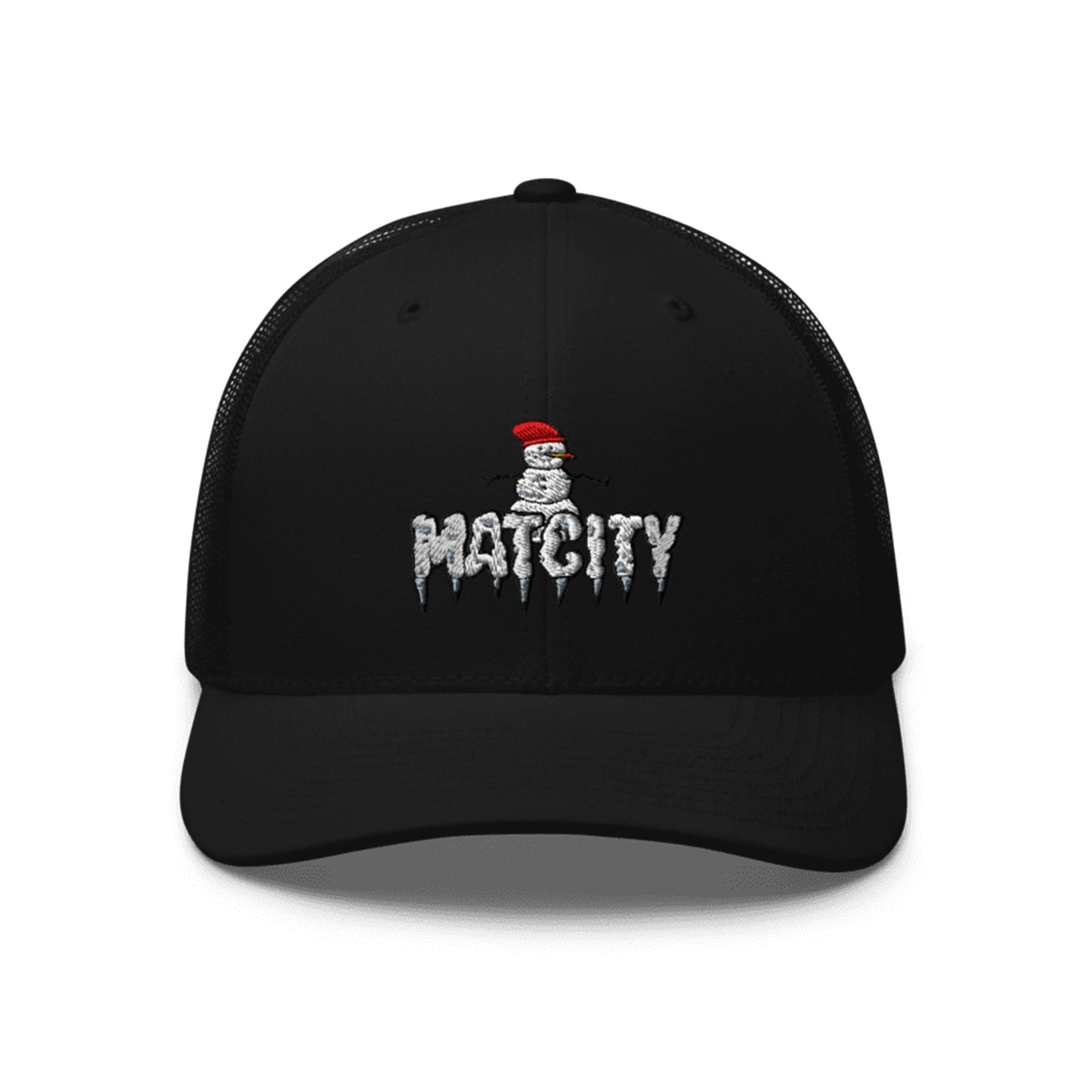 A black trucker cap featuring the Matcity Snow Rally embroidered snowman logo with icicles and a red hat. The mesh back adds breathability, blending style and function.
