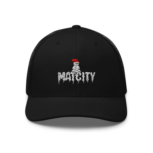A black trucker cap featuring the Matcity Snow Rally embroidered snowman logo with icicles and a red hat. The mesh back adds breathability, blending style and function.