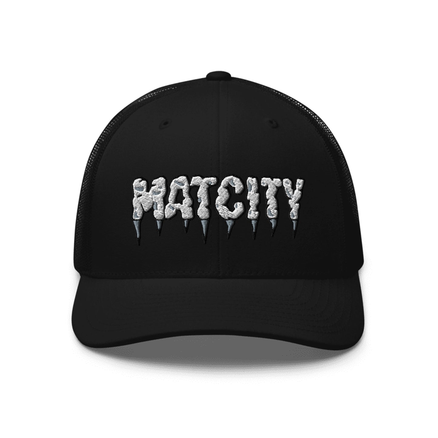 A black trucker cap with bold, icy 'Matcity' embroidery in silver and white. The mesh back provides a breathable and stylish winter-themed accessory.