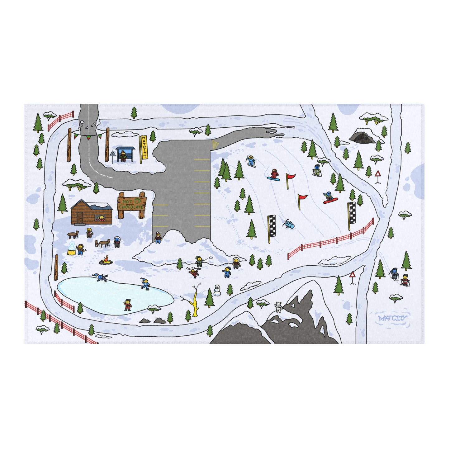 Overhead view of the Matcity Snow Rally Mat, showcasing a snowy scene with rally tracks, ski slopes, trees, cabins, and a hot chocolate stand.