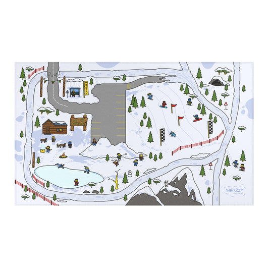 Overhead view of the Matcity Snow Rally Mat, showcasing a snowy scene with rally tracks, ski slopes, trees, cabins, and a hot chocolate stand.