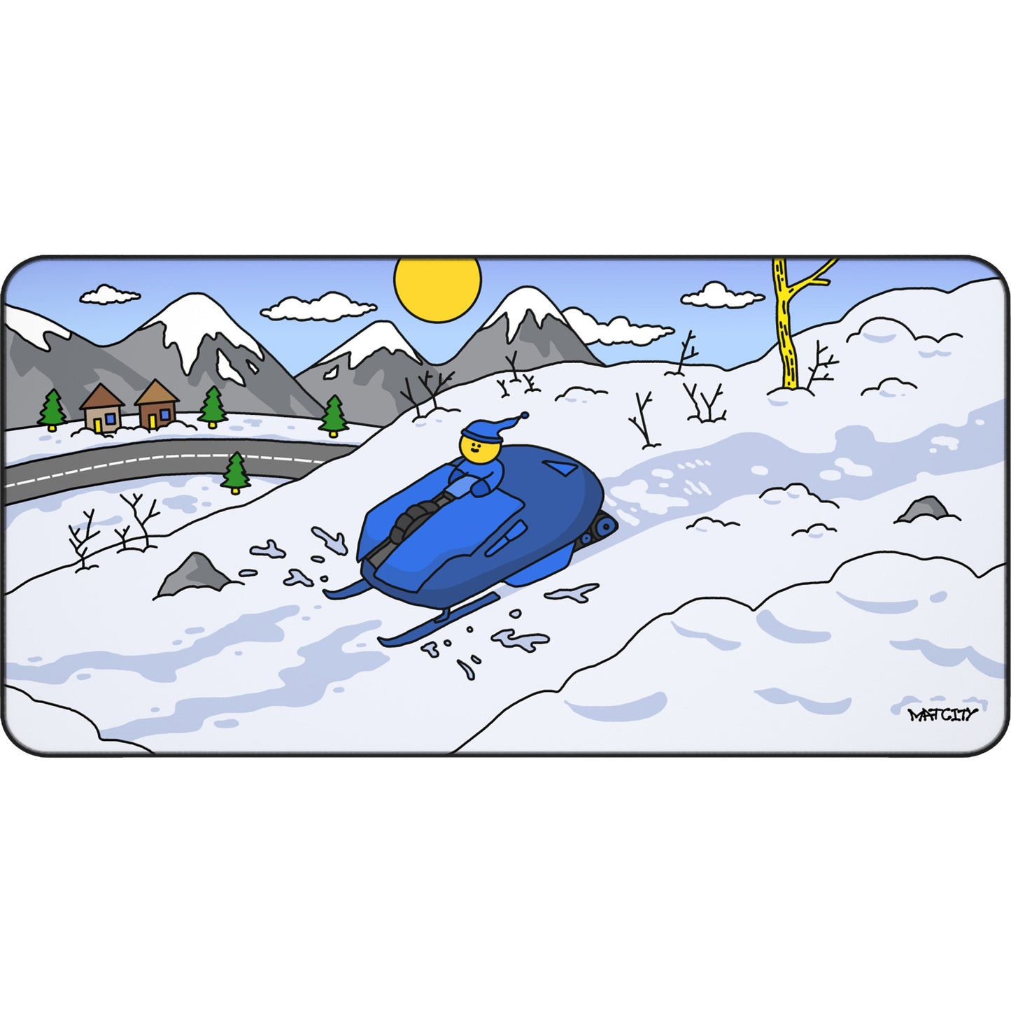 Matcity Snow Rally Mousepad Large featuring a sled and snow-covered mountains under a bright sun.