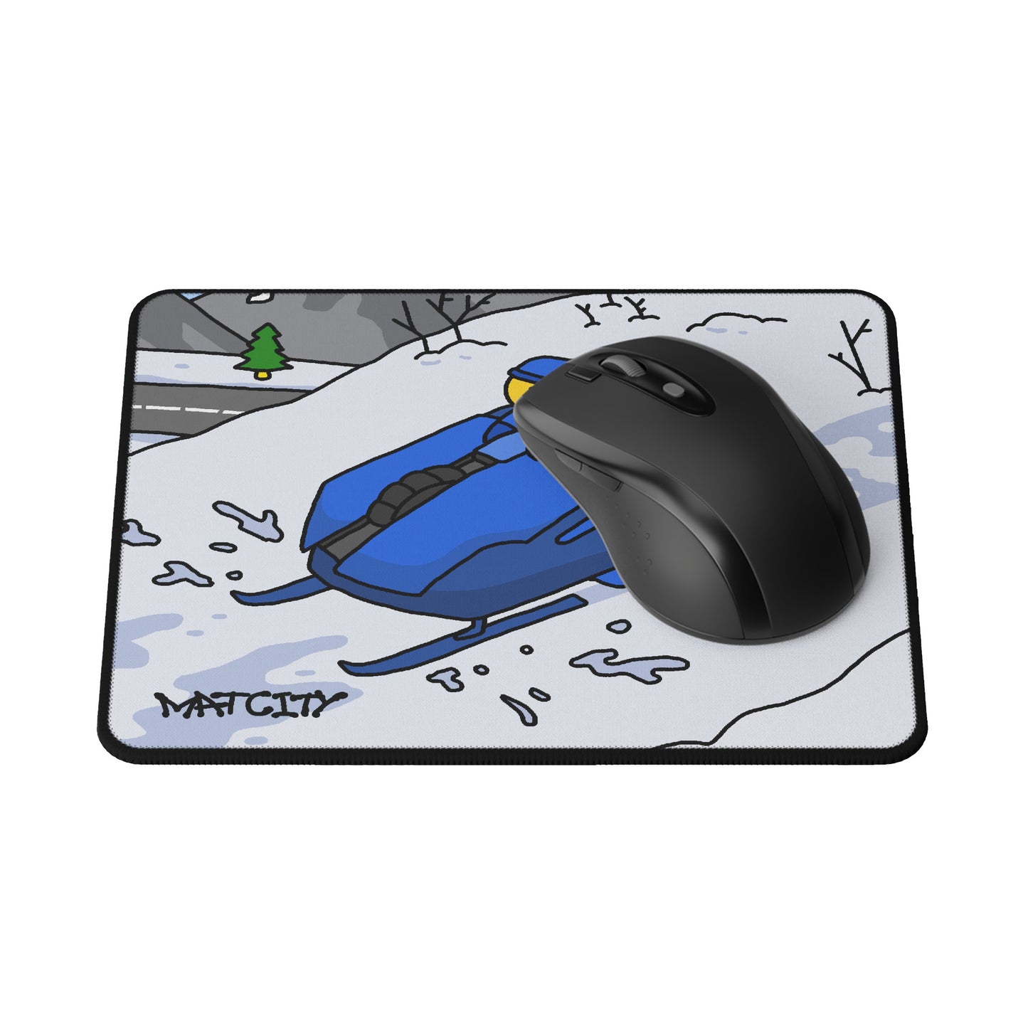 Close-up of the Matcity Snow Rally Mousepad Small with a black mouse placed on it, highlighting the snowy landscape design.
