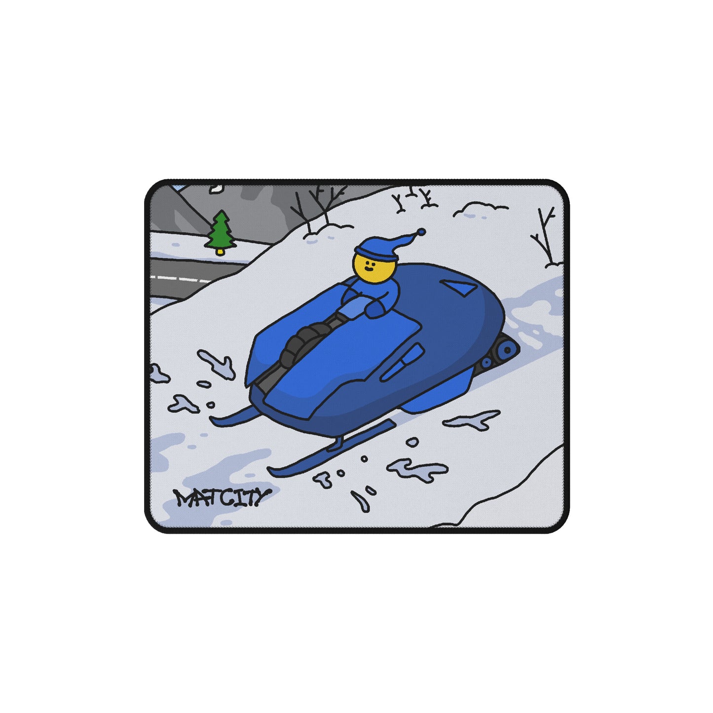 Top view of the Matcity Snow Rally Mousepad Small, showing a cartoon sled racer in a snowy mountain setting.