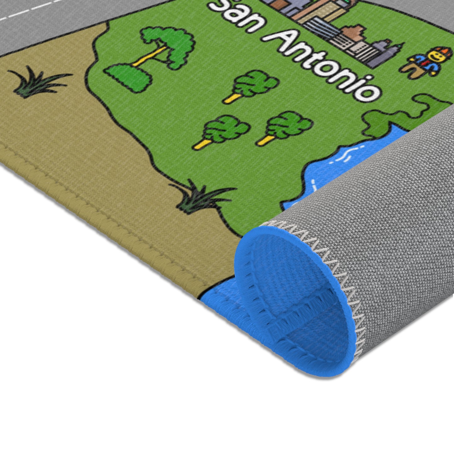 Mat rolled to display green San Antonio area, blue river and stitched blue underside, highlighting the thickness and flexible neoprene build.