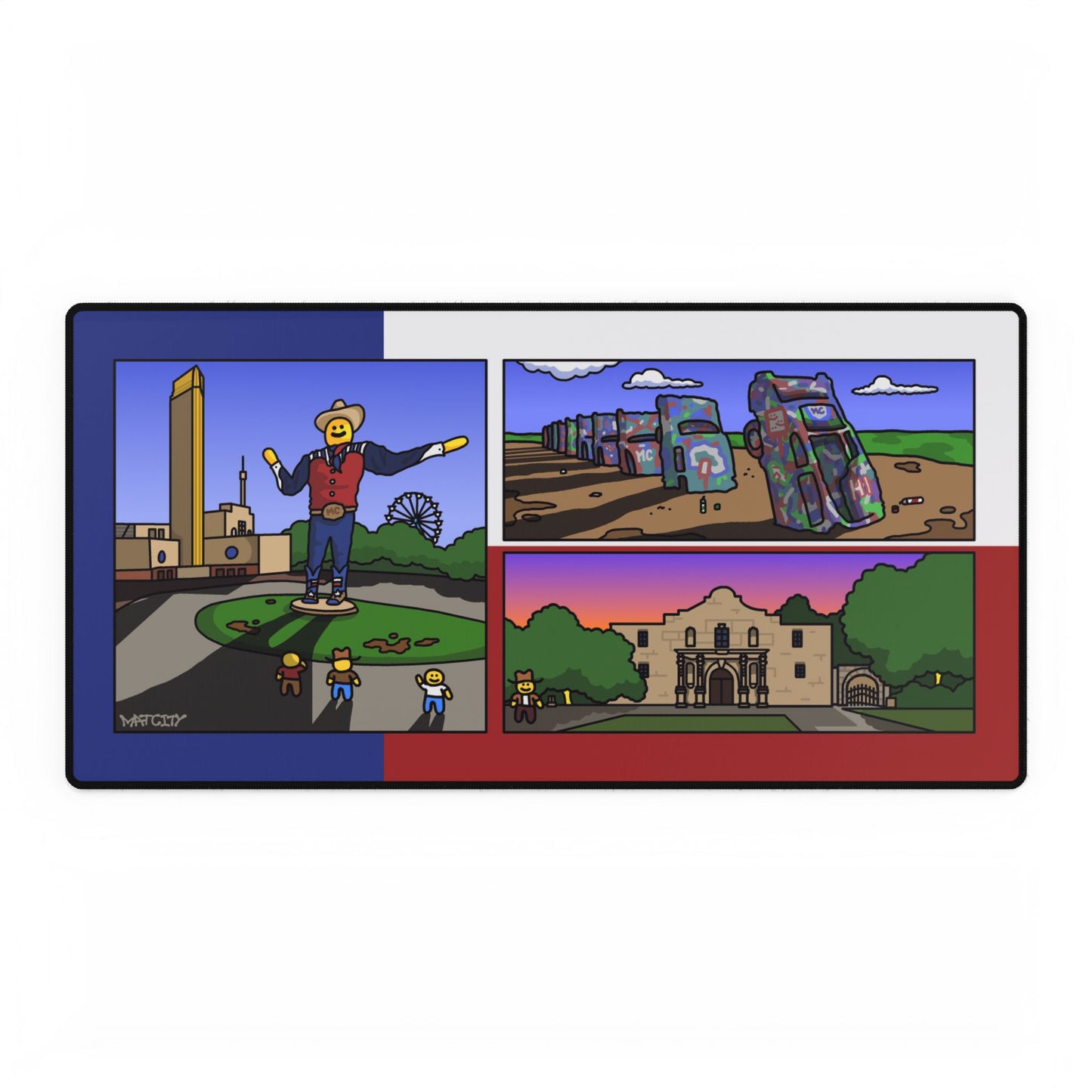 Extended desk mat shows three panels: Big Tex statue, row of spray-painted Cadillacs in the desert, and the Alamo at sunset, framed by flag colors.