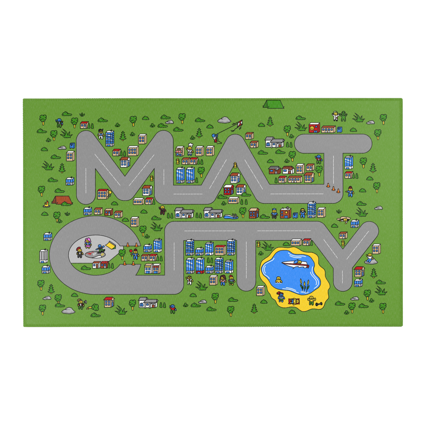 An overhead view of a green play mat designed in the shape of the word 'Matcity,' with roads forming the letters. The mat is filled with colorful, cartoon-style illustrations of buildings, people, trees, and vehicles. Notable elements include a helicopter landing pad with people nearby, a kite flyer, a pond with a boat, and various homes and skyscrapers scattered across the mat. The scene is lively, with small characters engaged in activities like construction, playing, and camping.