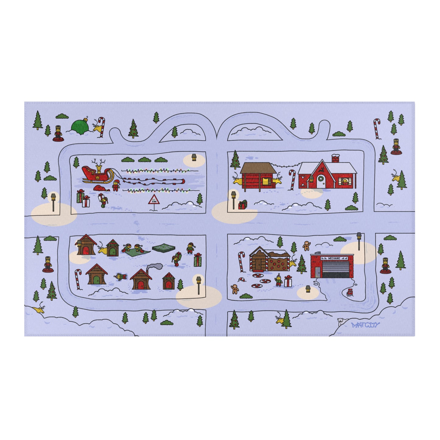 A colorful play mat featuring a detailed winter village with Santa's sleigh, gingerbread houses, reindeer, and snow-covered landscapes, designed for imaginative holiday play.