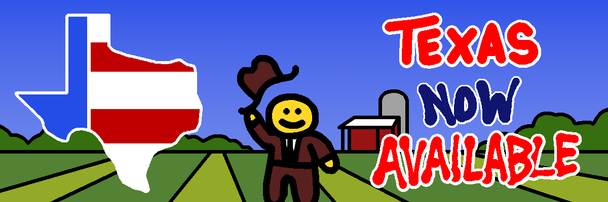 Cartoon figure in a cowboy outfit with 'Texas Now Available' text and a Texas state outline.