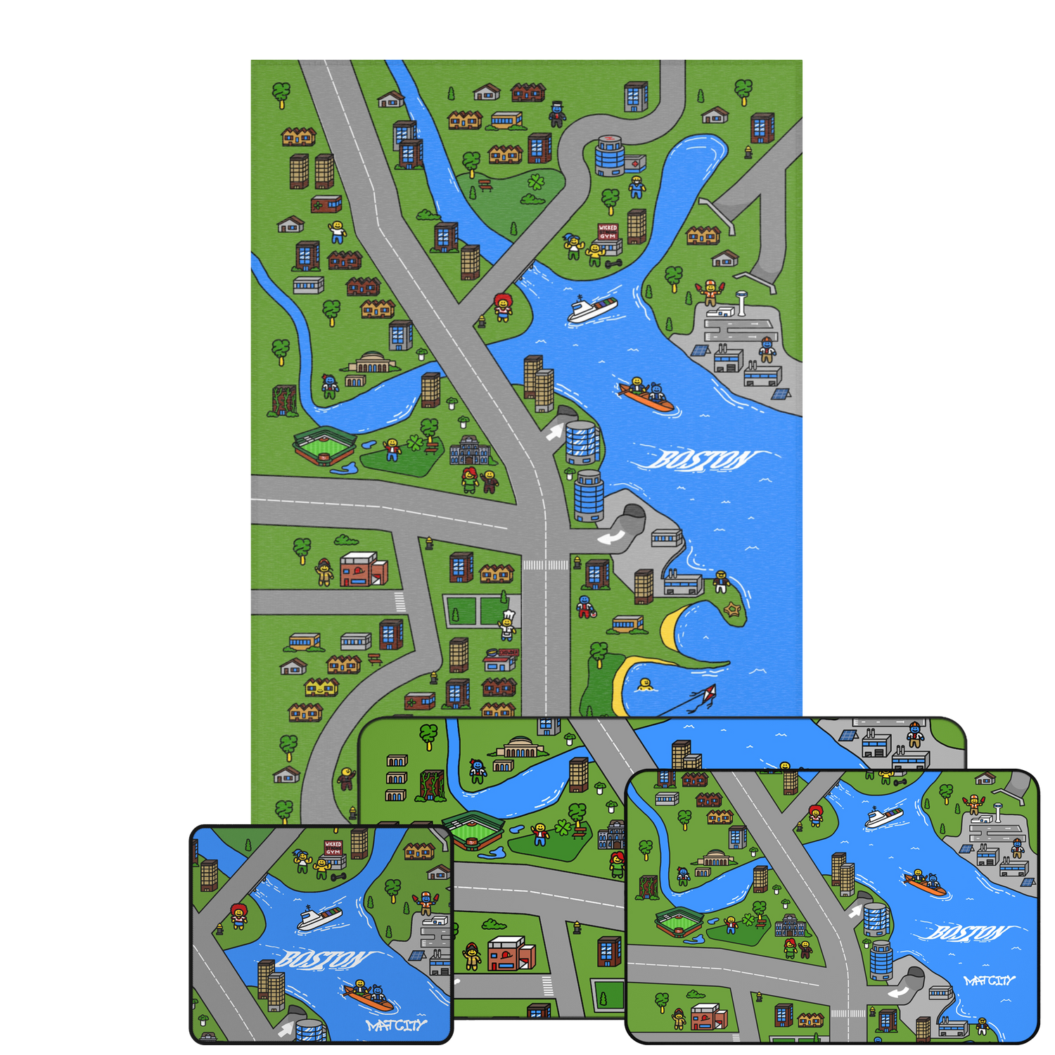 A detailed collage showcasing the Matcity Boston Collection, featuring colorful mats with illustrations of rivers, parks, boats, and buildings, capturing the essence of Boston's landscape and city life.