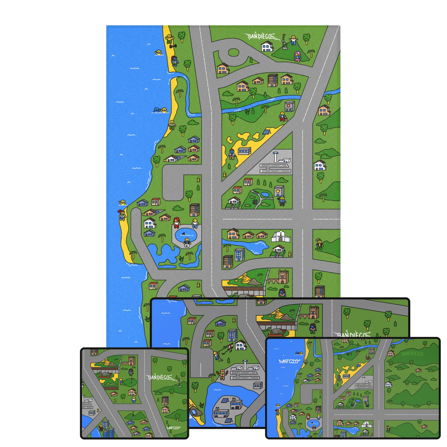 Overview of the Matcity San Diego Collection, featuring a large mat and three smaller mats. The design showcases San Diego’s coastline, residential areas, and green spaces with intricate details and vibrant colors.