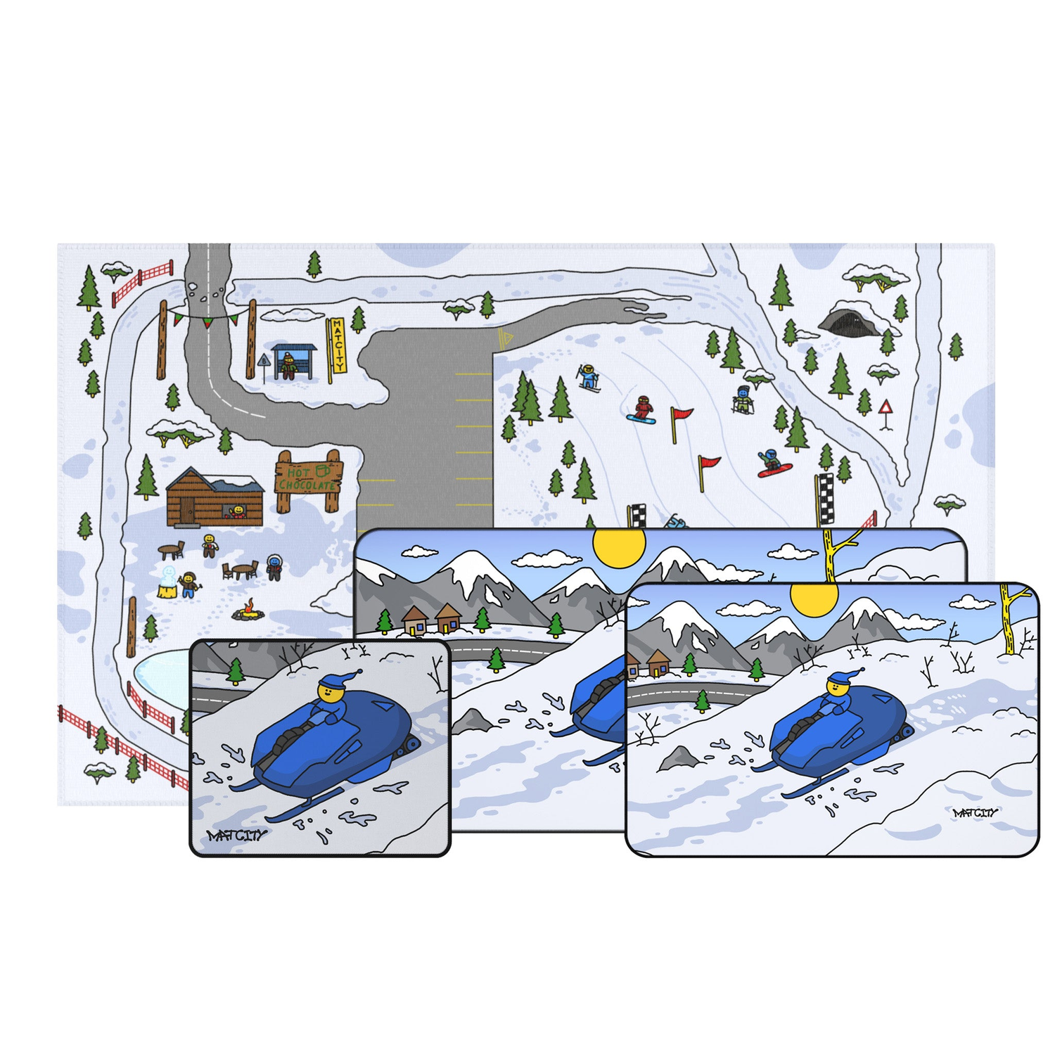The Matcity Snow Rally Collection featuring a large mat with a snowy winter sports scene, complete with rally tracks, cozy cabins, and snow-covered trees.
