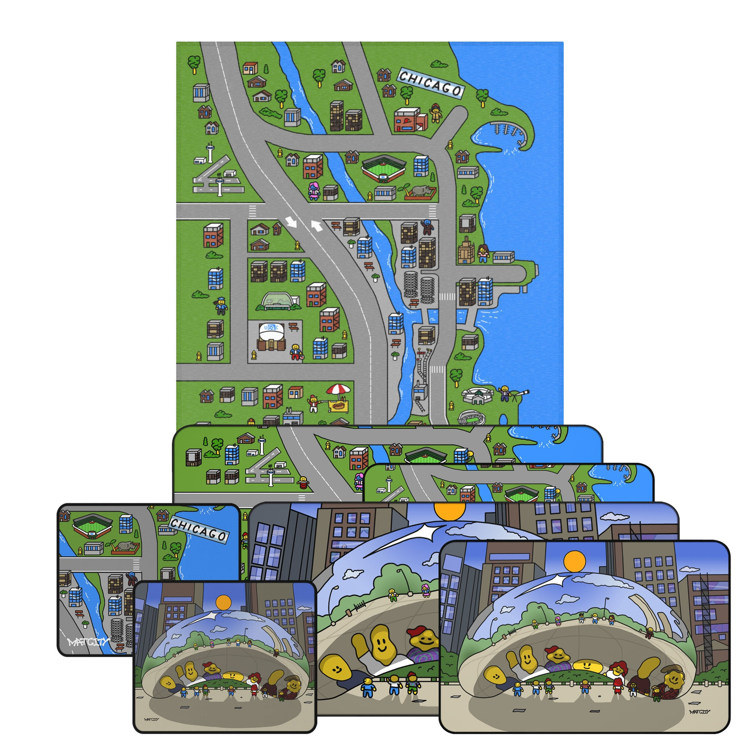 A collage of Matcity Chicago Collection items, featuring mouse pads and a large mat with Chicago cityscapes, landmarks, and the iconic Cloud Gate sculpture, showcasing a vibrant city-inspired design.