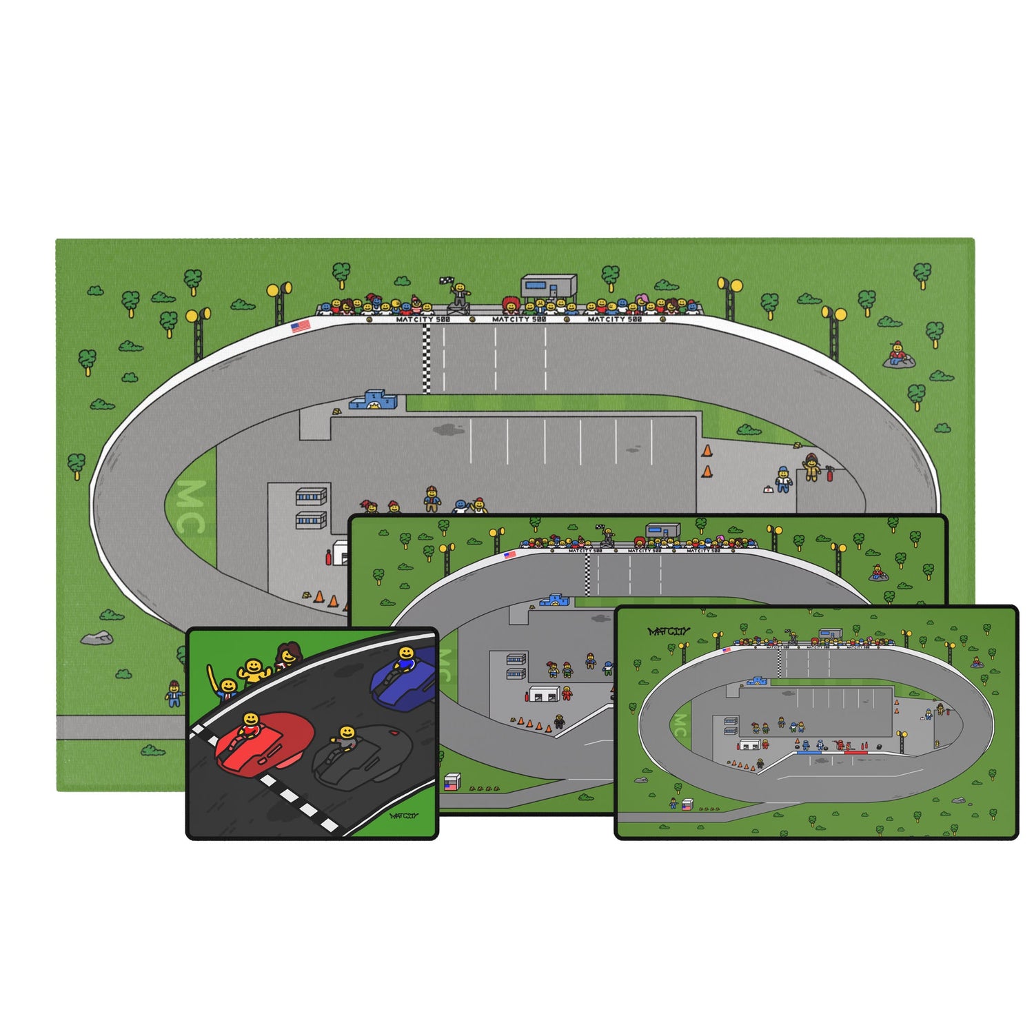 Matcity Raceway Collection showcasing a large oval racetrack mat and matching mousepads, featuring racing cars, pit stops, grandstands, and cheering fans against a green landscape background.