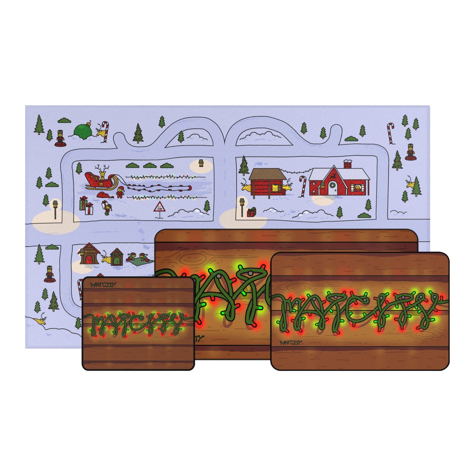 A collection of Matcity Santa's Village mouse mats displayed together, featuring snowy village scenes and a vibrant wooden texture with festive red and green holiday lights spelling "Matcity."