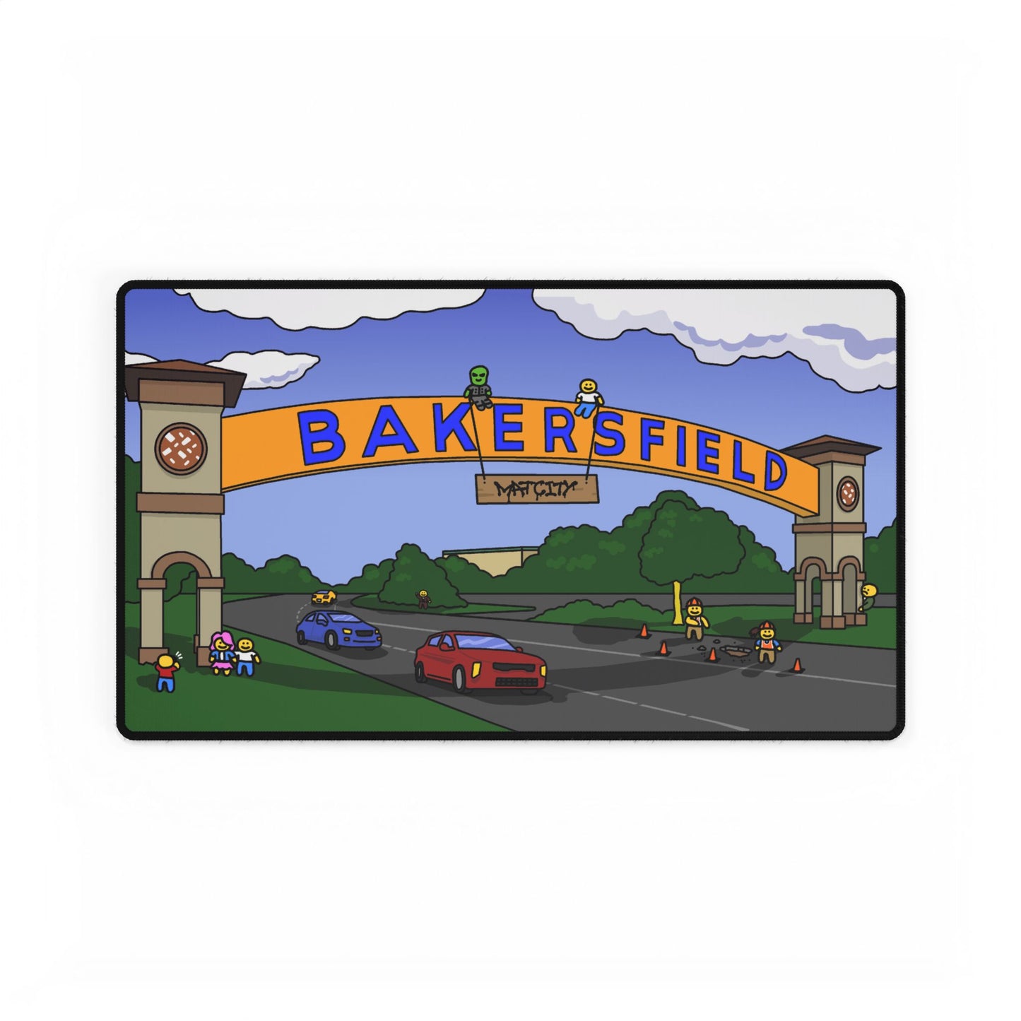 Mid‑size mouse pad featuring the Bakersfield arch, twin towers, cars on the road, trees and miniature figures on a soft blue‑sky background.