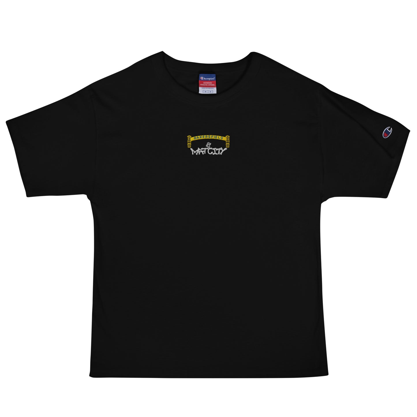 Black short‑sleeve Champion T‑shirt on white background. Tiny front‑center embroidery shows yellow Bakersfield arch, small worker figure, and white “Matcity” graffiti.