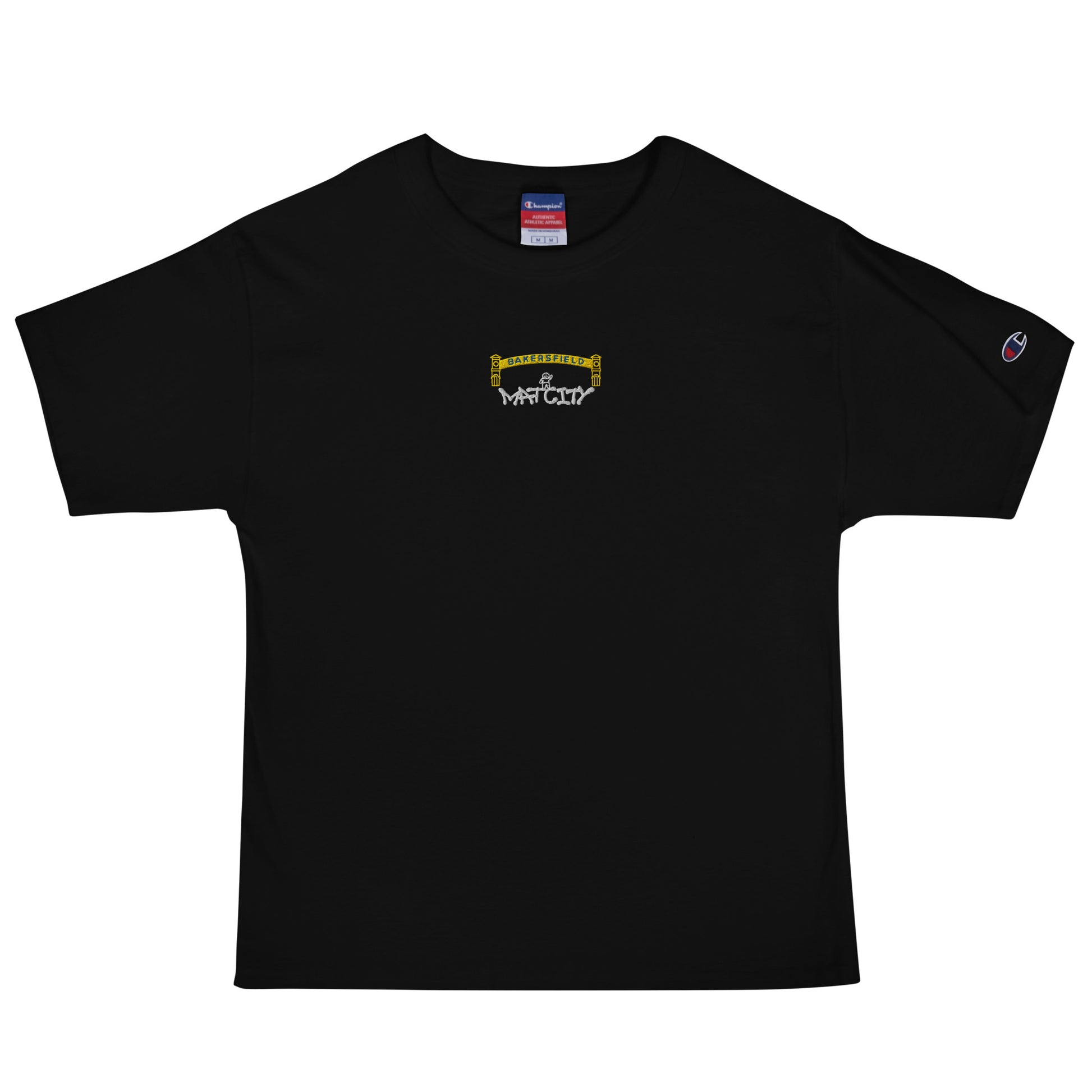 Black short‑sleeve Champion T‑shirt on white background. Tiny front‑center embroidery shows yellow Bakersfield arch, small worker figure, and white “Matcity” graffiti.