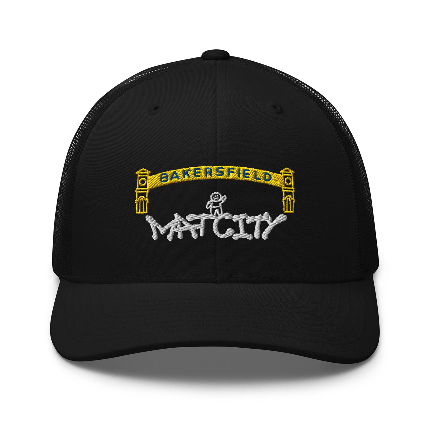 Black trucker cap with a yellow Bakersfield arch and small stick‑figure worker embroidered above white “Matcity” graffiti script on the front panel.
