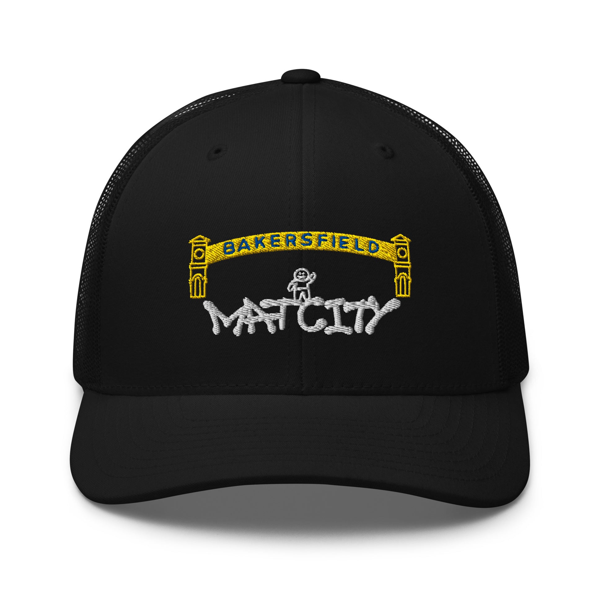Black trucker cap with a yellow Bakersfield arch and small stick‑figure worker embroidered above white “Matcity” graffiti script on the front panel.