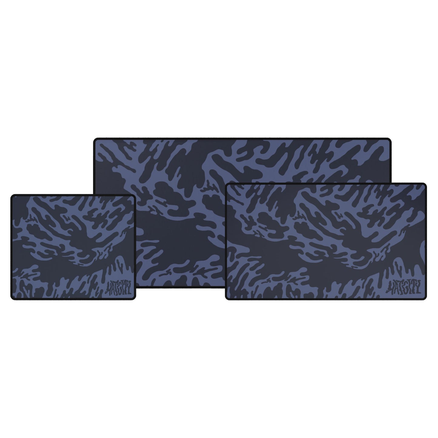 Three blue tieger camouflage patterned mouse pads on a white background