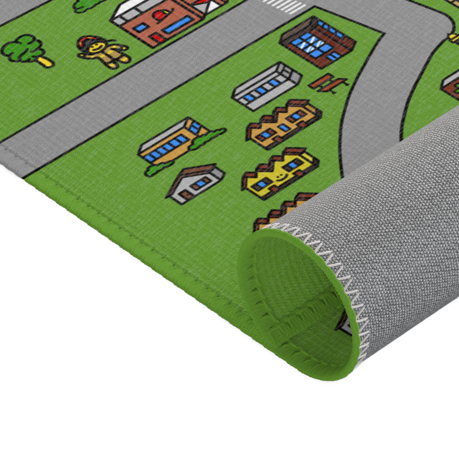 The Matcity Boston Mat rolled up, displaying its flexible structure and green stitched edge for easy storage and transportation.