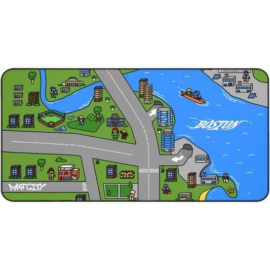 A top-down view of the Matcity Boston Mouse Mat Large, showcasing colorful drawings of Boston’s waterfront, roads, and buildings.